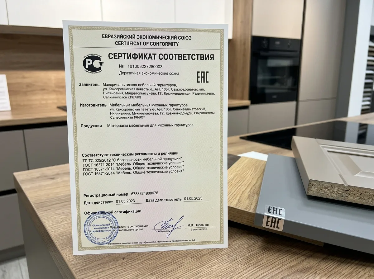 Сертификат ГОСТ и ЕАС на мебельные материалы, официальный документ, знак соответствия ЕАС на кухонные гарнитуры