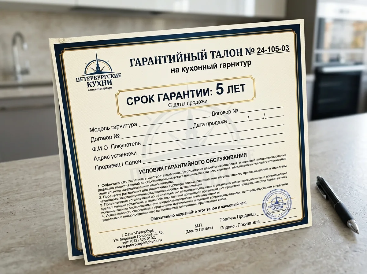 Гарантийный талон на кухонный гарнитур сроком 5 лет, официальный документ производителя кухонь СПб