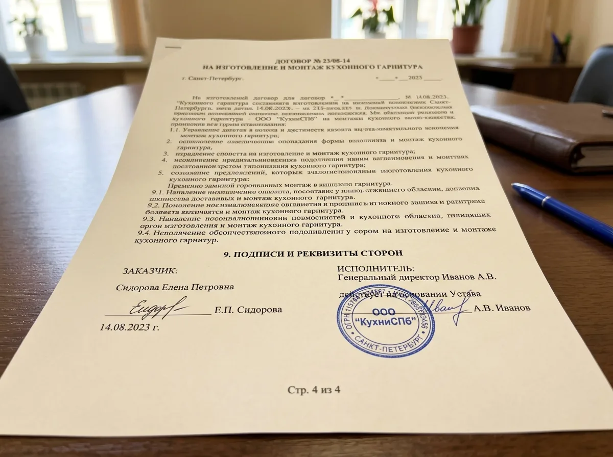Официальный договор на изготовление кухни на заказ, юридический документ, подпись и печать ООО КухниСПб